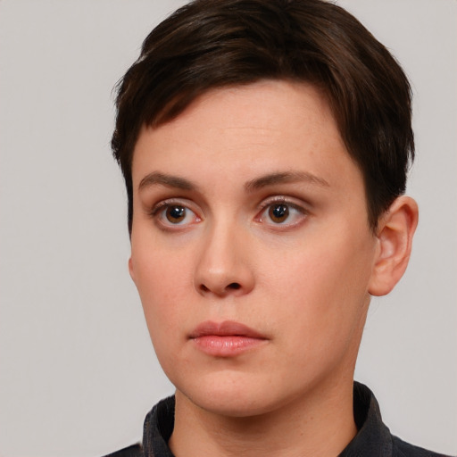 Neutral white young-adult female with short  brown hair and brown eyes