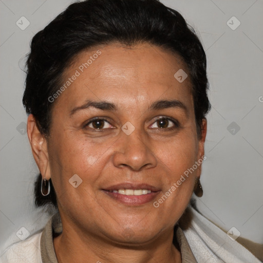 Joyful white adult female with short  brown hair and brown eyes