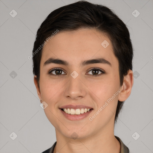 Joyful white young-adult female with short  brown hair and brown eyes