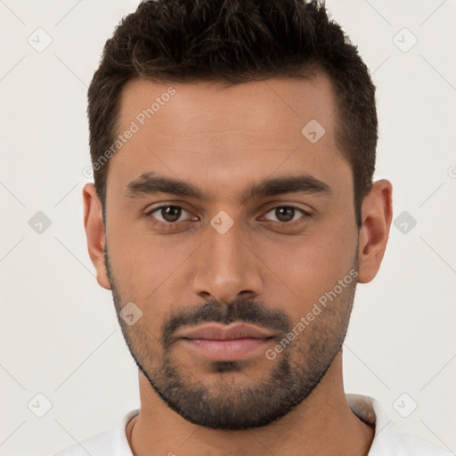 Neutral white young-adult male with short  brown hair and brown eyes