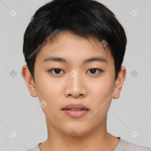 Neutral asian young-adult male with short  brown hair and brown eyes