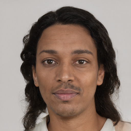 Neutral black adult female with medium  black hair and brown eyes