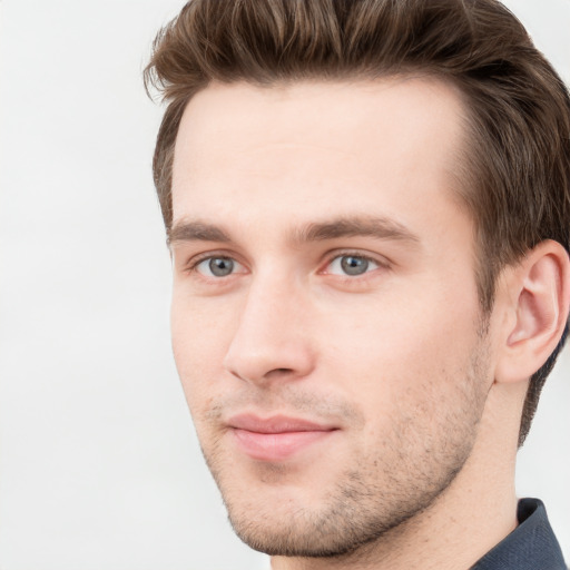 Neutral white young-adult male with short  brown hair and grey eyes