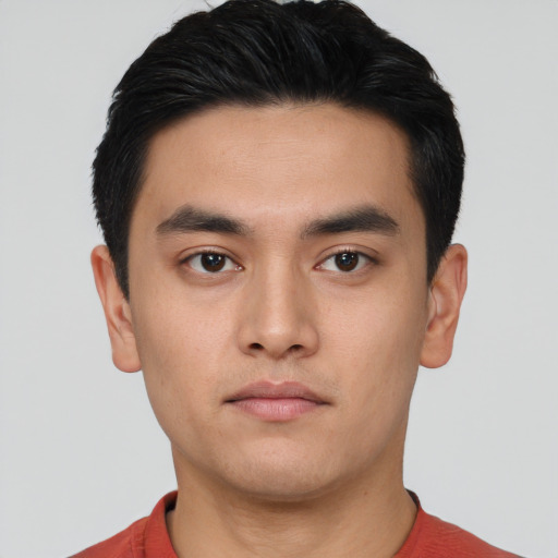 Neutral asian young-adult male with short  black hair and brown eyes