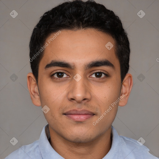 Neutral latino young-adult male with short  black hair and brown eyes