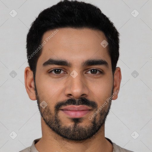 Neutral latino young-adult male with short  black hair and brown eyes