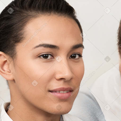 Neutral white young-adult female with short  brown hair and brown eyes