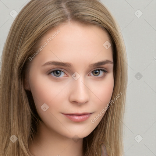 Neutral white young-adult female with long  brown hair and brown eyes