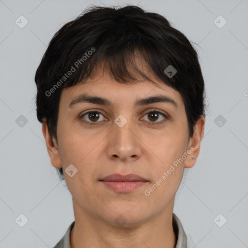 Neutral white young-adult female with short  brown hair and brown eyes