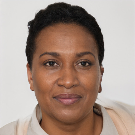 Joyful black adult female with short  brown hair and brown eyes