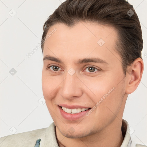 Joyful white young-adult male with short  brown hair and brown eyes