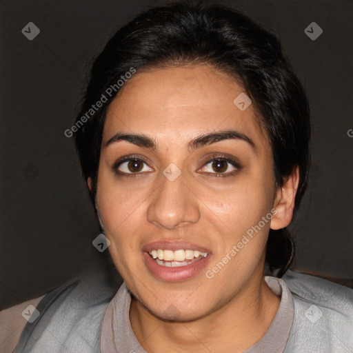 Joyful white young-adult female with short  black hair and brown eyes