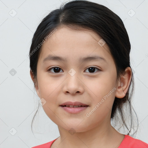 Joyful white child female with medium  brown hair and brown eyes