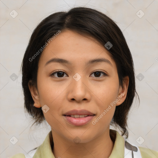 Joyful latino young-adult female with medium  brown hair and brown eyes