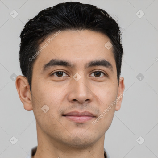 Joyful white young-adult male with short  black hair and brown eyes