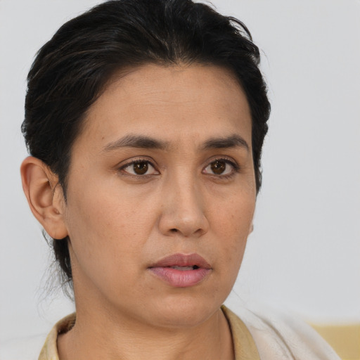 Neutral latino young-adult female with short  brown hair and brown eyes
