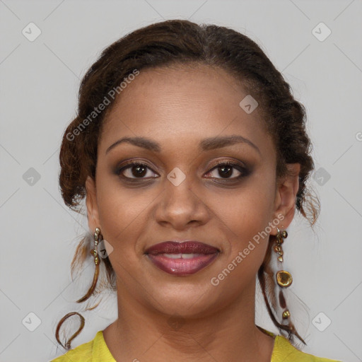 Joyful black young-adult female with medium  brown hair and brown eyes