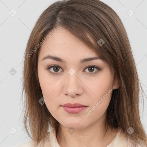 Neutral white young-adult female with medium  brown hair and brown eyes