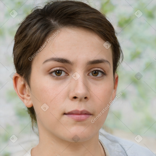 Neutral white young-adult female with medium  brown hair and brown eyes