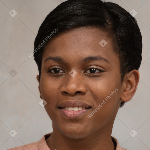 Joyful black young-adult female with short  brown hair and brown eyes