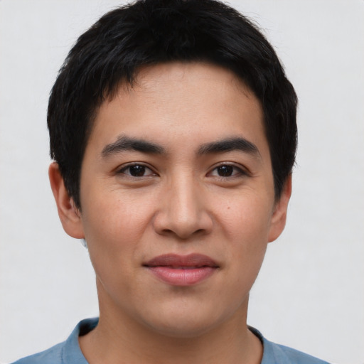 Joyful asian young-adult male with short  black hair and brown eyes