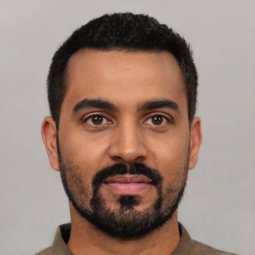 Neutral latino young-adult male with short  black hair and brown eyes