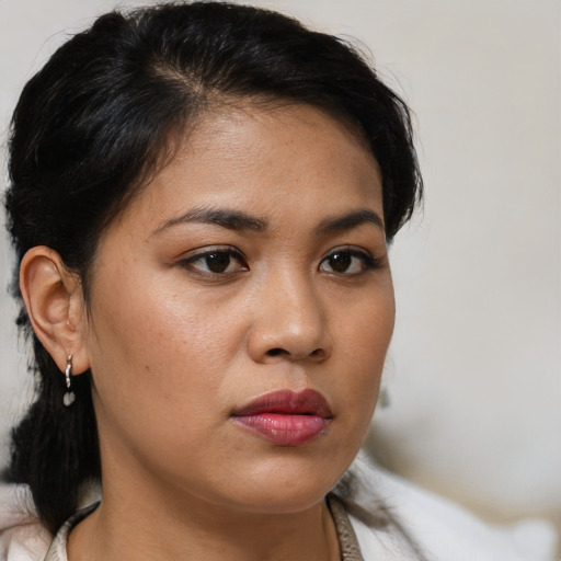 Neutral asian young-adult female with medium  brown hair and brown eyes