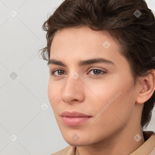 Neutral white young-adult female with short  brown hair and brown eyes