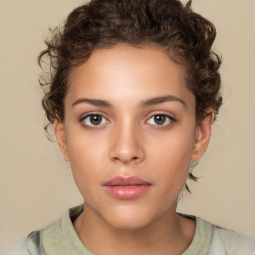 Neutral white young-adult female with short  brown hair and brown eyes