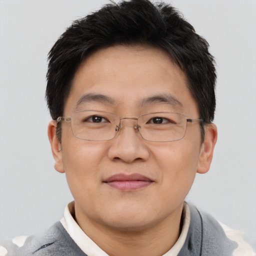 Joyful asian adult male with short  brown hair and brown eyes