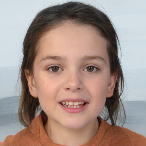 Joyful white child female with medium  brown hair and brown eyes