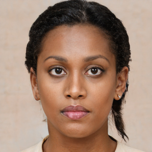Neutral latino young-adult female with short  black hair and brown eyes