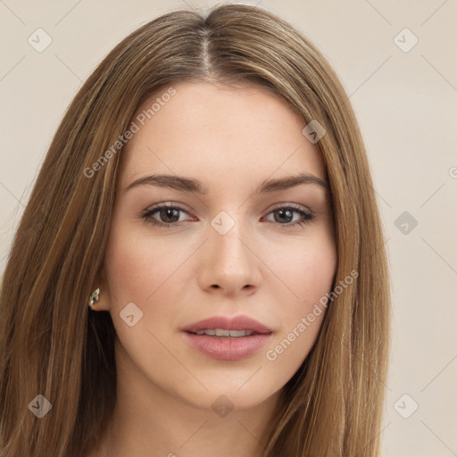 Neutral white young-adult female with long  brown hair and brown eyes