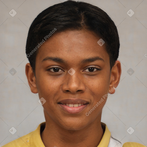 Joyful black young-adult female with short  brown hair and brown eyes