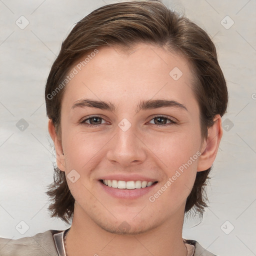 Joyful white young-adult female with short  brown hair and brown eyes