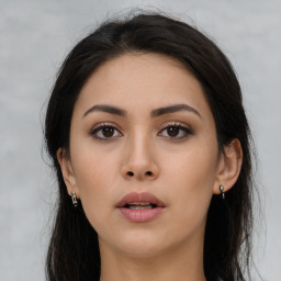 Neutral asian young-adult female with long  brown hair and brown eyes