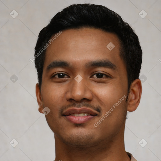 Joyful asian young-adult male with short  black hair and brown eyes