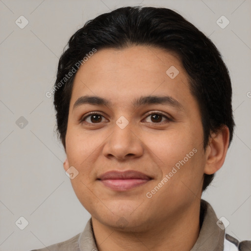 Joyful latino young-adult female with short  brown hair and brown eyes