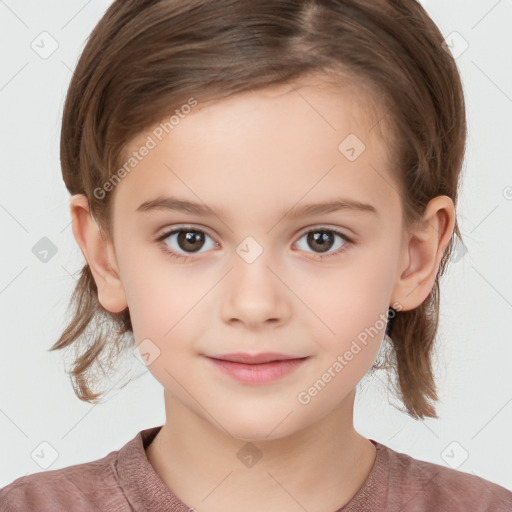 Joyful white child female with medium  brown hair and brown eyes