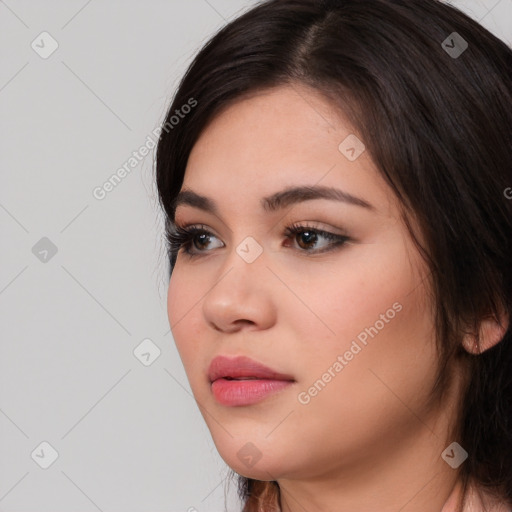 Neutral white young-adult female with medium  brown hair and brown eyes