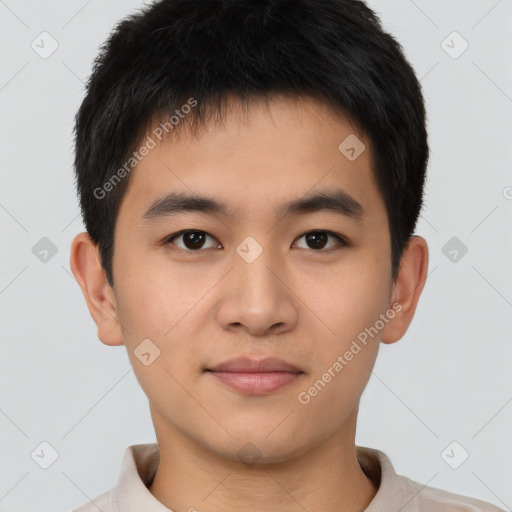 Neutral asian young-adult male with short  brown hair and brown eyes