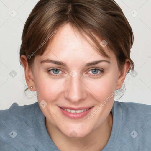 Joyful white young-adult female with medium  brown hair and blue eyes