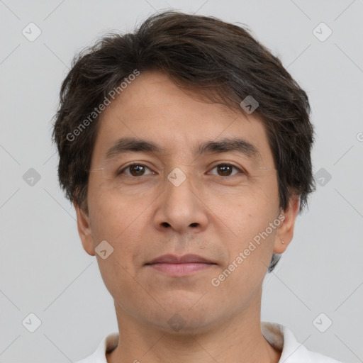 Neutral white adult male with short  brown hair and brown eyes