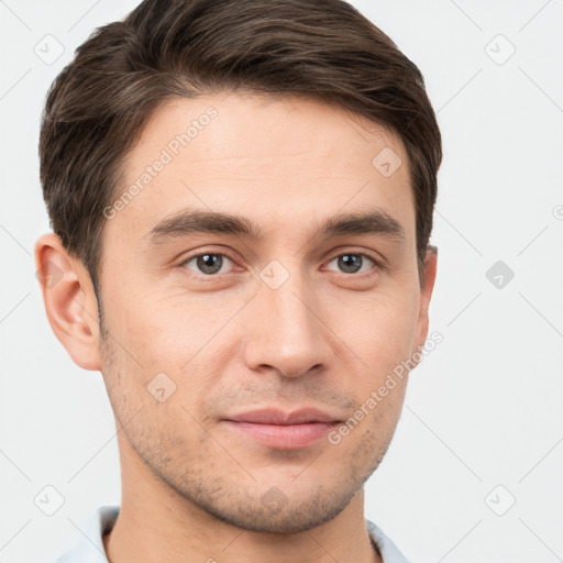 Neutral white young-adult male with short  brown hair and brown eyes