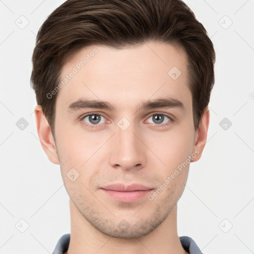 Neutral white young-adult male with short  brown hair and brown eyes