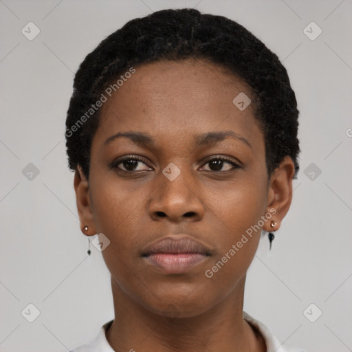 Neutral black young-adult female with short  black hair and brown eyes