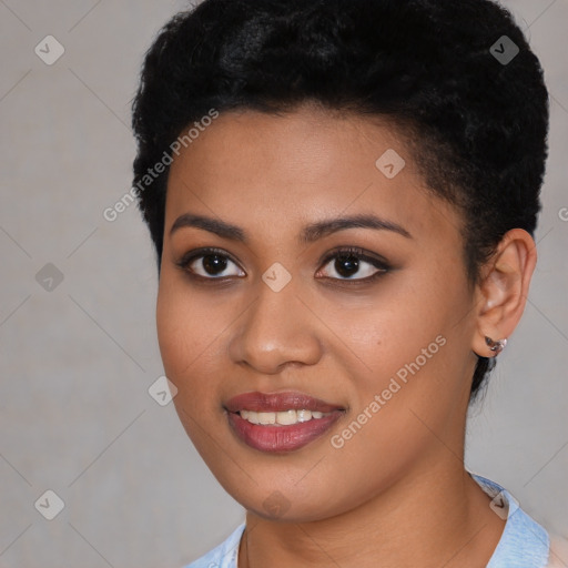 Joyful latino young-adult female with short  black hair and brown eyes