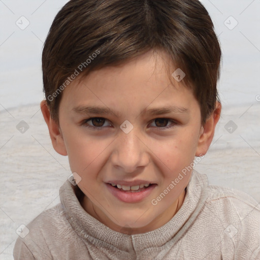 Joyful white child female with short  brown hair and brown eyes