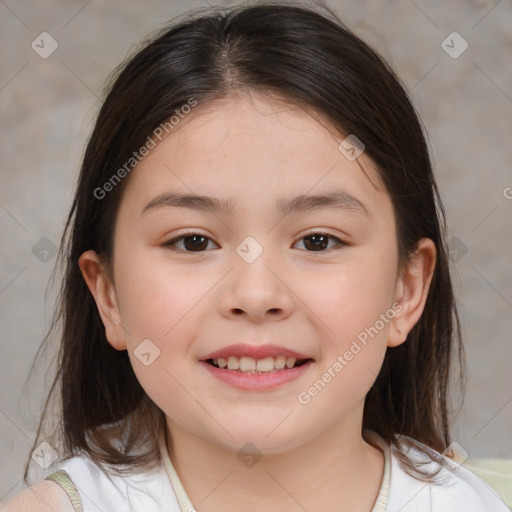 Joyful white child female with medium  brown hair and brown eyes