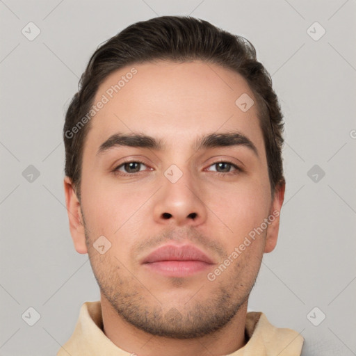 Neutral white young-adult male with short  brown hair and brown eyes